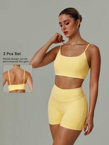2 PCS CO Ord Set Women's Classic Spaghetti Strap Backless Sports Bra And High Waist Deep V Butt Lift Line Running Fitness Cycling Short - Yellow - View 2