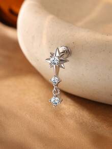 1Pc 925 Sterling Silver Moissanite Romantic Stars And Moon Stud Earring Flat Back Cartilage Helix Piercing Suitable For Women'S Daily Wear, Parties, Wedding, And Banquet Occasions - Silver - View 3