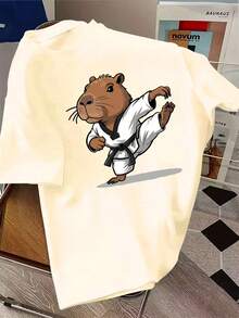 男童休闲趣味印花圆领短袖T恤，夏季上衣 - 杏色 - 查看 1