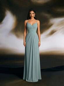 Smilprince Fashionable Long Chiffon Bridesmaid Dress, Sleeveless Spaghetti Strap Backless Design, Non-Stretch Fabric - Grey - View 5