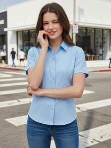 Women's Short-Sleeved White Shirt, Suit Inner Top For Office Work, New Spring/Summer 2025, Summer Business Professional Attire - Màu xanh nhạt - Xem 3