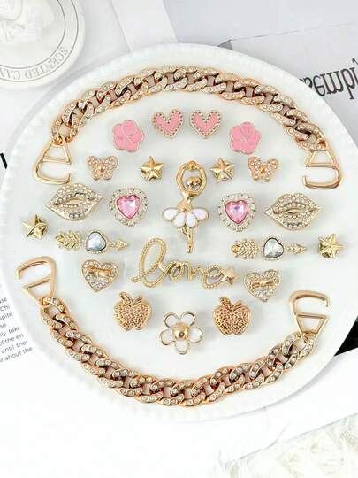 25pcs Pink & Gold Ballet Girl "LOVE" Hole Shoe Charms, Rhinestone + Pearl Material, Luxury Sweet Girl Style, Fit For Hole Shoes