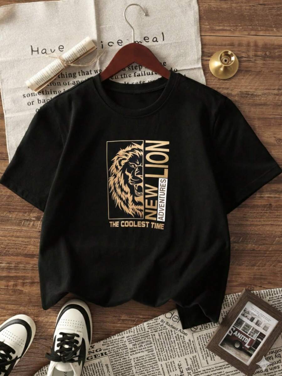 Camiseta de manga corta estampada para niños - suave, transpirable, camiseta de manga corta con cuello redondo, diseño de lata de soda vibrante, lavable a máquina, niños y niñas verano casual tops, tallas 110-150, camiseta de estampado de letras, moda divertida para niños, ropa cómoda para niños, camiseta de manga media para adolescentes - Negro - Ver 1