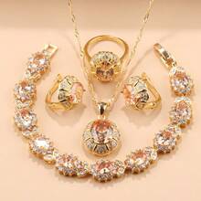 新款925纯银/18K镀金彩色锆石奢华婚庆首饰套装，包括项链吊坠、耳环、手链、开口戒指，是圣诞节、情人节、生日、周年纪念日的理想礼物。 - 香檳色 - 查看 12