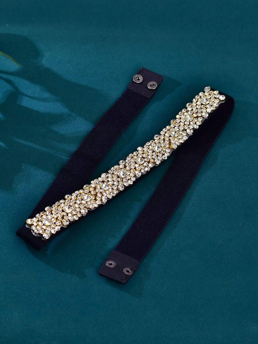 1pc Shiny Rhinestone Elastic Belt, Black Dress Waist Belt, Hidden Buckle Design, Casual Coat Sweater Waist Decoration