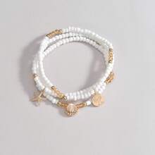 Set de 3 piezas de colgante de estrella de mar y concha de aleación, tobillera multicapa con cuentas de perlas, adecuado para uso diario de mujeres - Multicolor - Ver 3