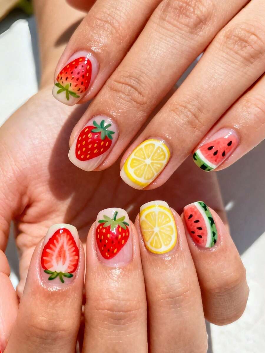 Summer Short Fruit Strawberry & Lemon Nail Stickers Press On Nails - Multicolor - View 1