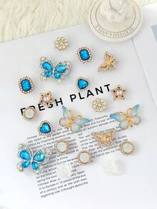 20pcs Blue & Gold Butterfly, Heart Shaped Shoe Charms, Rhinestone + Pearl Material, Luxury Sweet & Cool Style, Suitable For Hollow Out Clogs - Blue and Gold Butterfly Set - View 3
