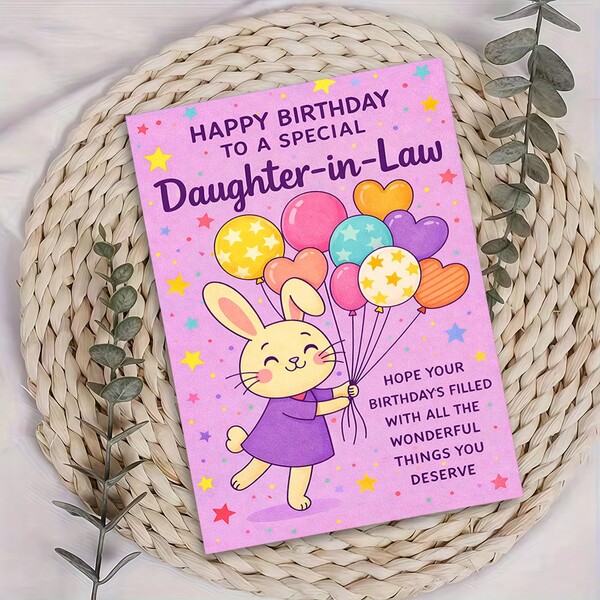 1pc "Happy Birthday To A Special Daughter-In-Law Greeting Card – Playful Bunny & Balloon Illustration – Includes Envelope – Perfect For Celebrating Your Daughter-In-Law's Birthday, Adding Cheerful Family Charm, Or A Heartfelt Gift To Honor The Wonderful Woman In Your Family"