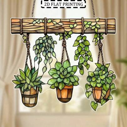 1pc 2D Acrylic Material, Spring Green Potted Plant Acrylic Light Catcher, Bohemian Style Threshold Decor, Suitable For Home And Garden - Ideal For Windows And Porches