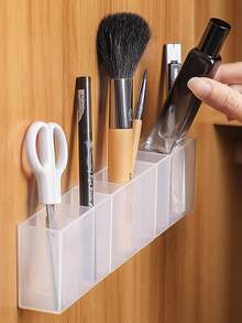 1pc Wall-Mounted Compartment Mirror Cabinet, No Drilling Required, Small Items Organizer Box For Tweezers, Scissors, Eyebrow Pencils, Makeup Brushes, Lipstick - View 4