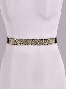 1pc Shiny Rhinestone Elastic Belt, Black Dress Waist Belt, Hidden Buckle Design, Casual Coat Sweater Waist Decoration - Black Ribbon - View 7