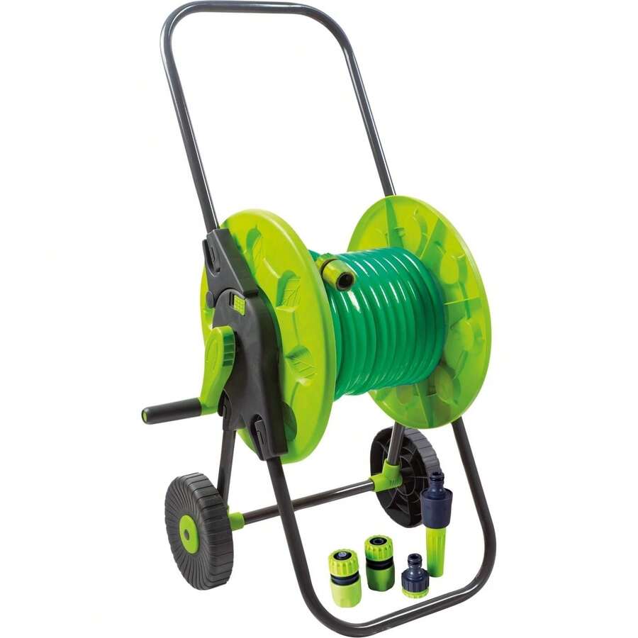 Hose Pipe Reel Trolley With Wheels 50m Cart Garden Outdoor Connectors Included - B - View 1