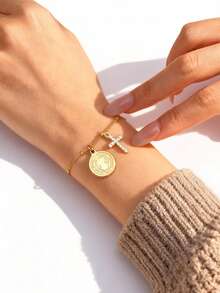 1pc Stainless Steel Virgin Mary Cross Charm Gold Bracelet, Christian Jewelry For Women - Yellow Gold - View 5