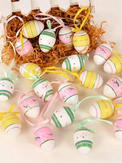 12/24 piezas Huevos de Pascua Coloridos con Colgante de Plástico Pintado de Conejito para Manualidades de Huevos de Pascua, Decoración de Fiesta de Pascua para el Hogar