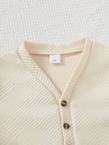 Purechapter 两件套中东风情男童杏色纹理V领短袖上衣，拼接平口袋短裤套装，适合8-12岁男孩日常休闲、户外活动、度假、夏季派对、春夏童装 - 杏色 - 查看 3