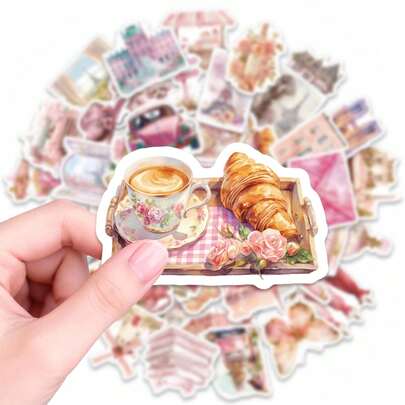 50张唯美水彩巴黎早餐贴纸，复古法式咖啡馆和花卉图案，适用于日记、剪贴簿、计划本装饰、笔记本电脑、水瓶、笔记本和礼品包装，是手工爱好者、文具爱好者和成人创意项目的理想之选。