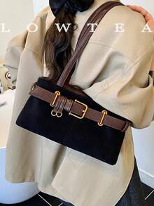 1pc Low Tea Solid Color Suede Fabric Shoulder Bag, Women's Retro Fashion Square Shoulder Bag With Top Double Handles, Zipper Closure, Suitable For Travel, Shopping, Dating, Women's Gift, Great For Commuting, Outdoor, Travel, Hiking , Valentines Gifts - 黑色 - 查看 4