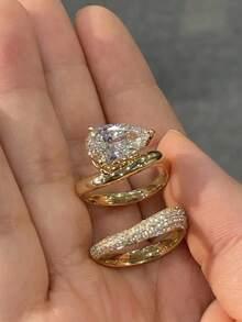 2pcs S925 Silver Material French Luxury Jewelry Set, Teardrop Zirconia Stone Rings Suitable For Engagement, Wedding, Holiday Gift - Yellow Gold - View 3