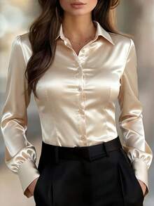 HUACAITA 女士办公休闲百搭简约通勤衬衫，缎面材质纽扣长袖衬衫，高品质女士衬衫 - 杏色 - 查看 1