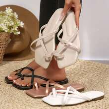 Beach Flip Flops For Women Flat Sandals Slides Square Open Toe Casual Outdoor Fashionable Slippers Shoes - 黑色 - 查看 2