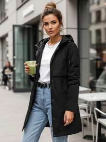 Women's Transitional Season Parka, Adjustable Waist, Double Zipper And Snap Button Design, Non-Removable Hood With Drawstring Adjustment, Length To Mid-Thigh, With Side Pockets, Polyester Lining. - Black - View 3