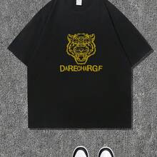 オーバーサイズ メンズ 100% Tシャツ 漫画タイガープリント クルーネック カジュアルスタイル 若干ストレッチ 大人に最適 夏 ゆったりフィット ニット生地 200gm2 - ブラック - チェックする 3