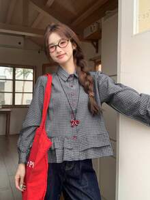 女士春夏蓝色格子荷叶边拼接衬衫，新款休闲通勤长袖露脐上衣，适合秋季穿着，黑色 - 黑色 - 查看 3