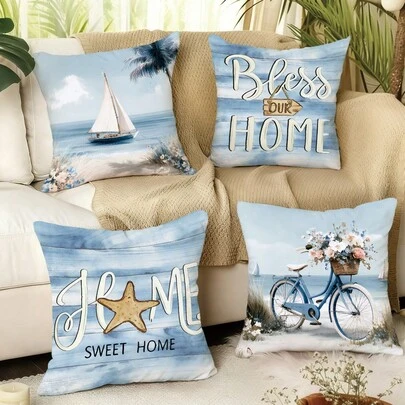 MEMNUN 4pcs Summer Beach Bicycle & Sailboat Illustration Print Pillow Covers [No Pillow Insert], 17.7*17.7in(45*45cm)/19.69*19.69in(50*50cm)/15.75*15.75in(40*40cm), [Single-Sided Printing], Made Of Polyester, "Home Sweet Home & Bless This Home" Warm Slogan, Blue & White Nautical Theme Throw Pillow Covers, Room Decor, Home Decor, Bedroom Decor, Room Decoration Stuff For Sofa, Bed, Living Room, Bedroom, Car, Office, Hotel, Suitable For All Seasons, Perfect Gift For Family And Friends