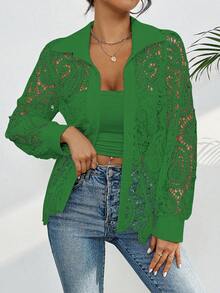 Summer Blouse With Floral Guipure Lace, Long Sleeves, And A High Neck. - 綠色 - 查看 5