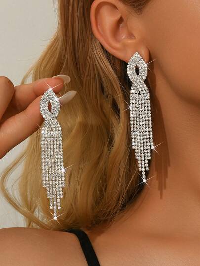 1pair Extra Sparkling Full Rhinestone Long Tassel Dangle Silvery Earrings For Women, Daily Wear