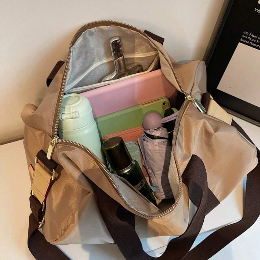 Champagne Nylon Duffle Bag - Lightweight Travel Tote With Brown Straps, Perfect For Weekend Getaways And Gym - Multicolor - View 1