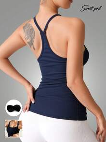 U领蓝色露背吊带背心，修身透气，时尚无袖上衣，带胸垫，四季皆宜 - 藍色 - 查看 11
