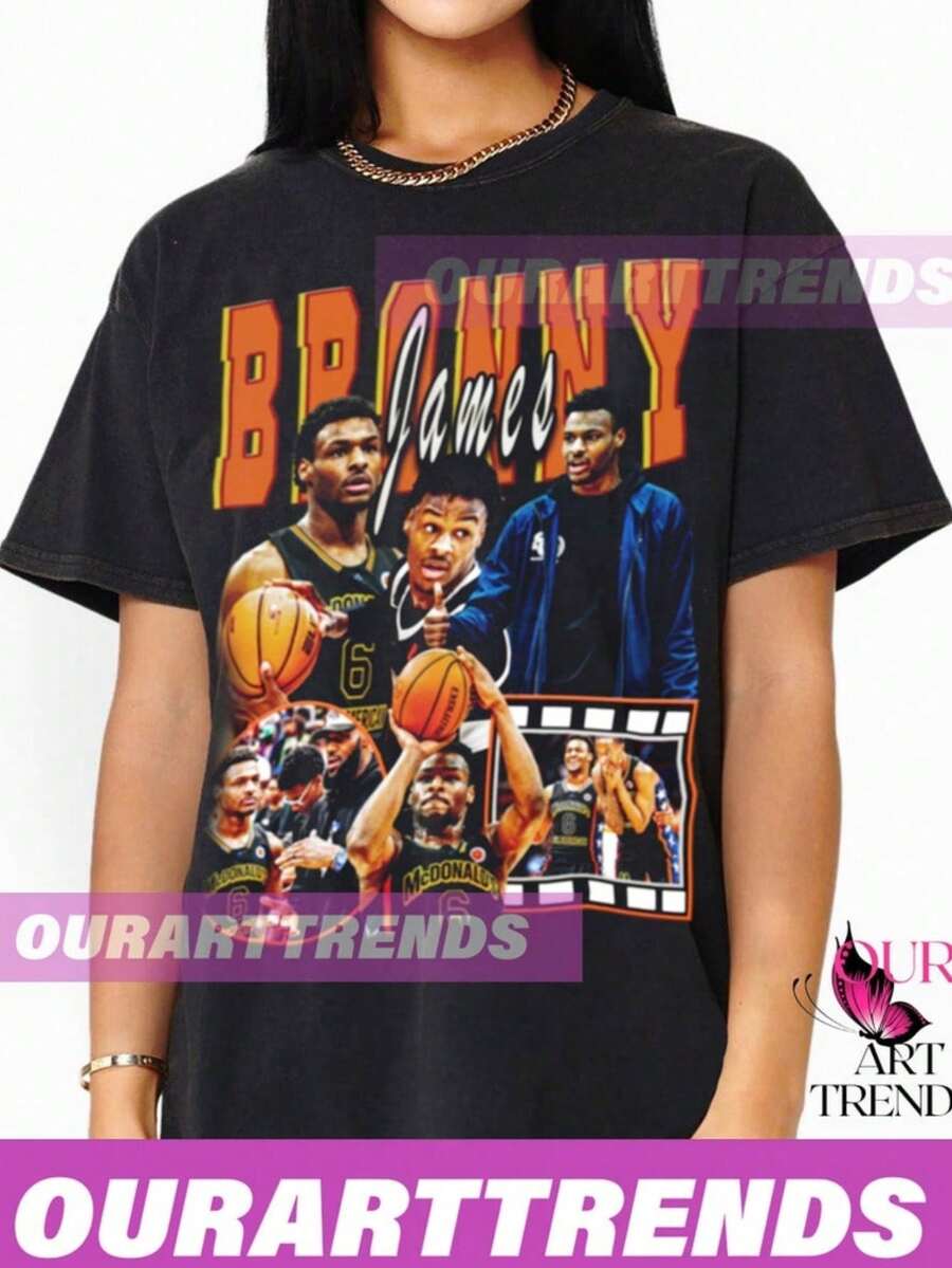 Bronny James T-Shirt Basketball Player MVP Merchandise Bootleg Vintage Classic Graphic Tee - màu đen - Xem 1