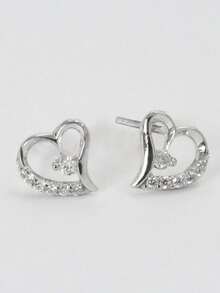 1 Pair Romantic Cubic Zirconia Heart Stud Earrings For Women For Wedding Engagement Anniversary Jewelry Valentine's Day Gift - Silver - View 1