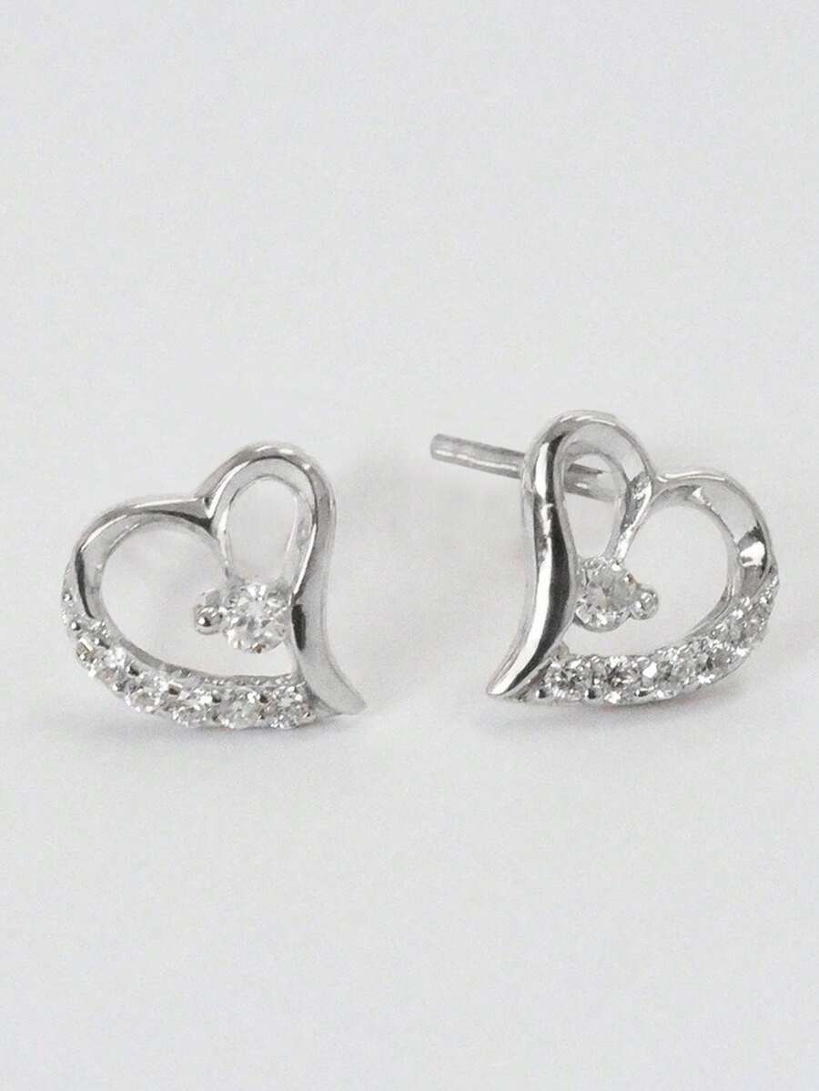 1 Pair Romantic Cubic Zirconia Heart Stud Earrings For Women For Wedding Engagement Anniversary Jewelry Valentine's Day Gift - Silver - View 1