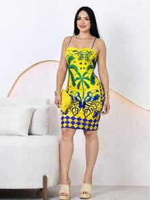 Fitted Dress With Toucan And Palm Tree Print, Beach Style, Spring And Summer, World Cup 2026 - Yellow - View 2