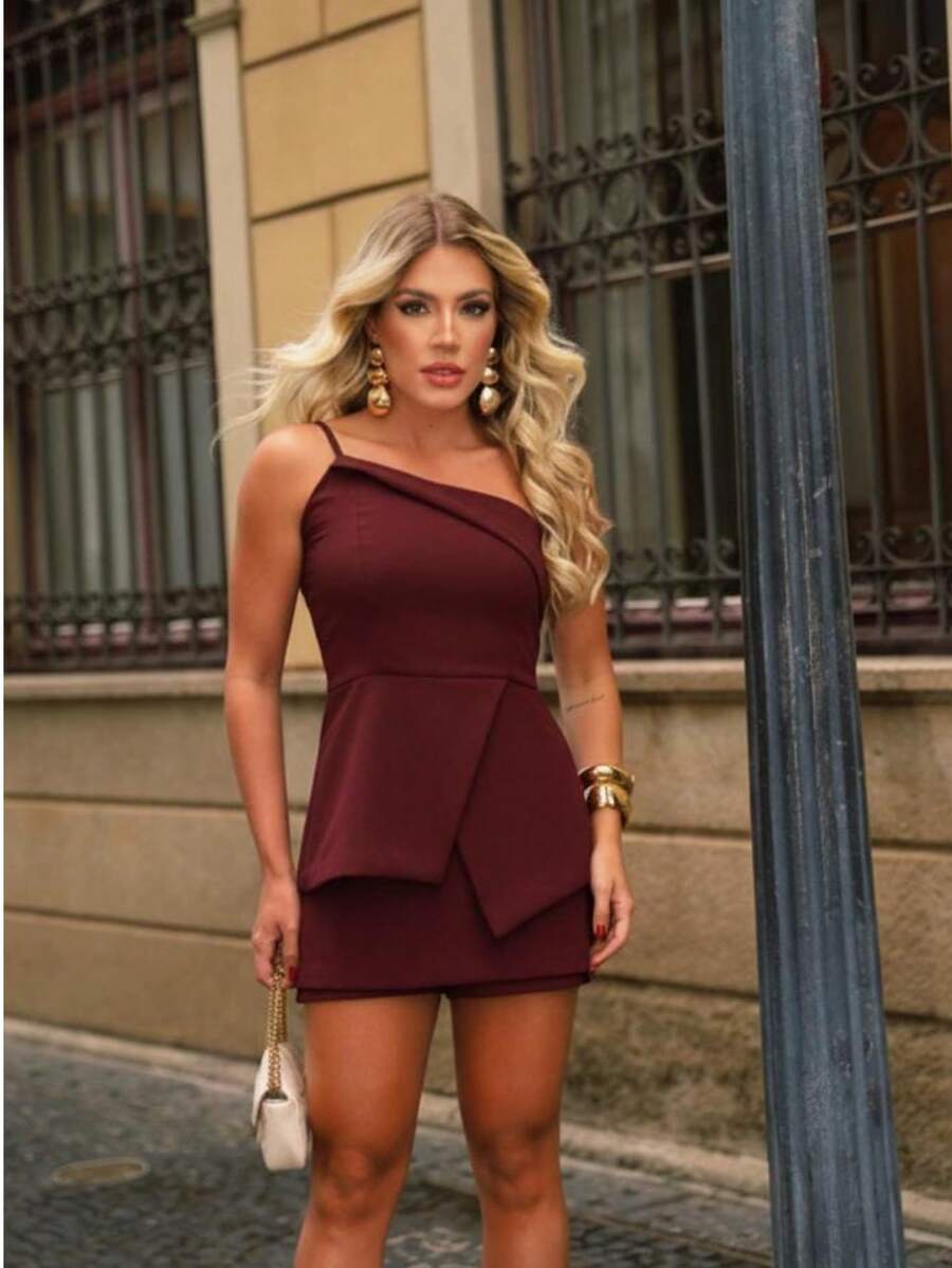 Women's Set: Blouse And Skirt Shorts In Tailored Fabric, Marrant Fashion, Elegant, Chic, Simple, Casual, Stylish, Zipper, Button, Pocket, Vacation - 紫紅色 - 查看 1