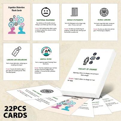 22 piezas Tarjetas de distorsión cognitiva - Herramienta de terapia de salud mental para identificar errores de pensamiento, tarjetas de terapia cognitivo-conductual para el bienestar emocional, tarjetas de conciencia de salud mental