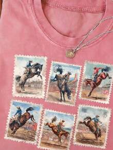 Vintage Washed Cotton Women's T-Shirt, Western Rodeo Cowboy Wild Horse Stamp Print Retro Casual Streetwear Top, Versatile Summer&Autumn Daily Wear Tee - 咖啡棕 - 查看 8