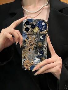 Luxury Bejeweled Celestial Sun Moon Star Mosaic Collage Phone Case – Blue Gold Black Vintage Art DesignPersonalized Mobile Phone Case Compatible With Compatible With Iphone17/17Pro/17Pro Max,16,15,14,13, 12, 11 Plus/Pro Max And Galaxy S21/23/24/25/ULTRA/PLUS/FE,Gift For Easter Day, Christmas Halloween Decoration/Gift For Birthday, Girlfriend, Boyfriend, Friend Or Yourself. - Black - View 2
