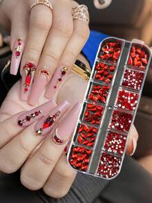 【炫彩美甲水钻】炫彩12格3D平面AB美甲水钻 | 混合形状水钻，适用于DIY美甲、美甲沙龙 - 易于粘贴，持久耐用，用途广泛，适合圣帕特里克节、新年、婚礼美甲 - 彩色 - 查看 5