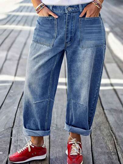 Plus Size Loose Non-Stretch Denim Jeans, Button Decor Long Denim Pants For Plus Size