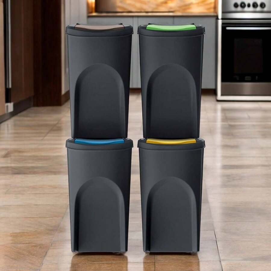 Interior WELL HOME - Lot de 4 poubelles, 100 % plastique recyclé, noires, 4 x 35 L - Noir - Voir 1