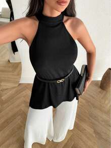 Elegantes Damen-Zweiteiler aus langem schwarzem Oberteil und Hose - Schwarz und Weiss - Übersicht 3