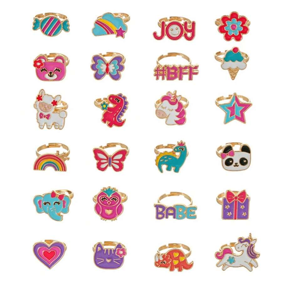 Anillos de dibujos animados para niñas, anillo ajustable coreano con flores y animales coloridos para hija, mariposa, dulces, anillos pequeños, regalos de Año Nuevo Kawaii 19PO - C073 - Ver 1