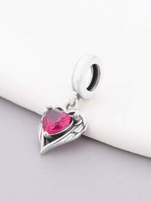 1 pièce Pendentif en forme de cœur avec ailes d'ange en argent sterling 925 et pierre de zircone rose rouge. Bijou romantique unisexe, cadeau - Argent - Voir 4