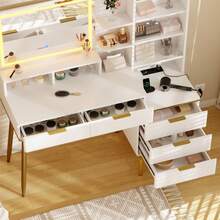 Tocador acanalado con luces LED y espejo - Tocador blanco con toma de corriente - Tocador con 5 cajones para niñas y mujeres - Blanco - Ver 4