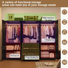 75" Tall Farmhouse 2/4/6 Doors Armoire Wardrobe Closet With Drawers And LED,Freestanding Closet Wardrobe Cabinet For Bedroom With Hanging Rod,Wooden Armoire Storage Cabinet With Adjustable Shelve - 黑色 - 查看 6