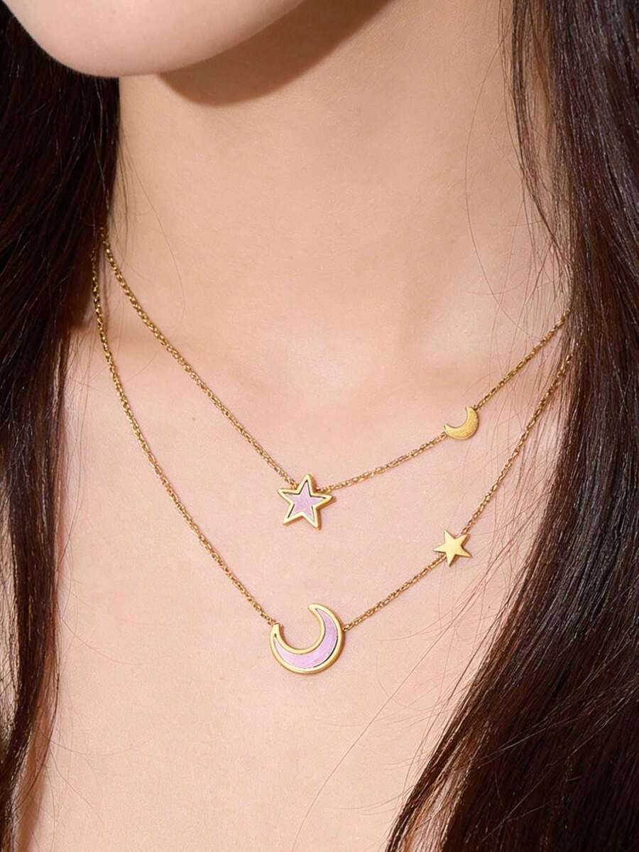 1pc Fashionable Bohemian Moon & Star Stainless Steel Multi-Layer Necklace, Minimalist & Elegant, Suitable For Women's Daily Wear, Dates And Parties - Gold - View 1